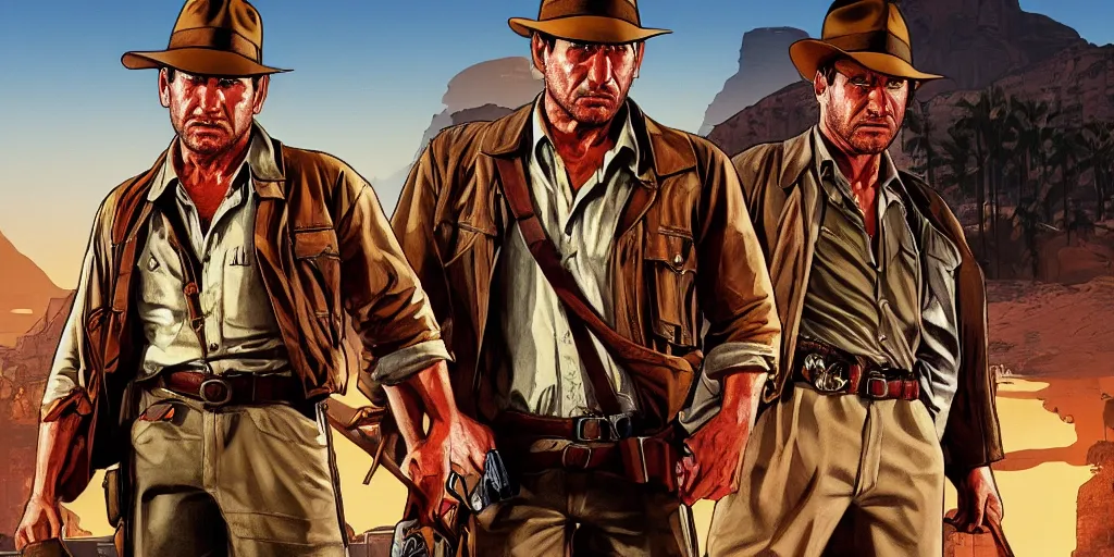 Image similar to indiana jones by himself in gta v, cover art by stephen bliss, boxart, loading screen. 8 k resolution