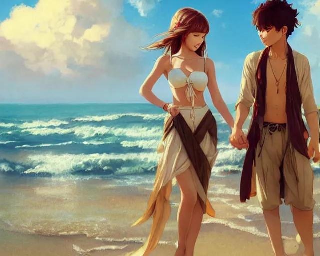 Image similar to a cinematic boy girl traditional romance moment, exploring the beach boho clothing, full body illustration,bestselling movie art poster, official media, 1970s fashion, official anime media, incredible art by artgerm and greg rutkowski and doja cat