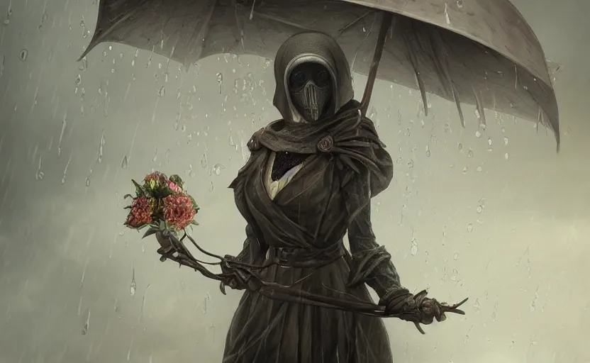 Image similar to female plague doctor holding flowers, heavy rain, wind, thunder, reflections, deep focus, d & d, fantasy, intricate, elegant, highly detailed, digital painting, artstation, concept art, matte, sharp focus, illustration, hearthstone, art by artgerm and greg rutkowski and alphonse mucha