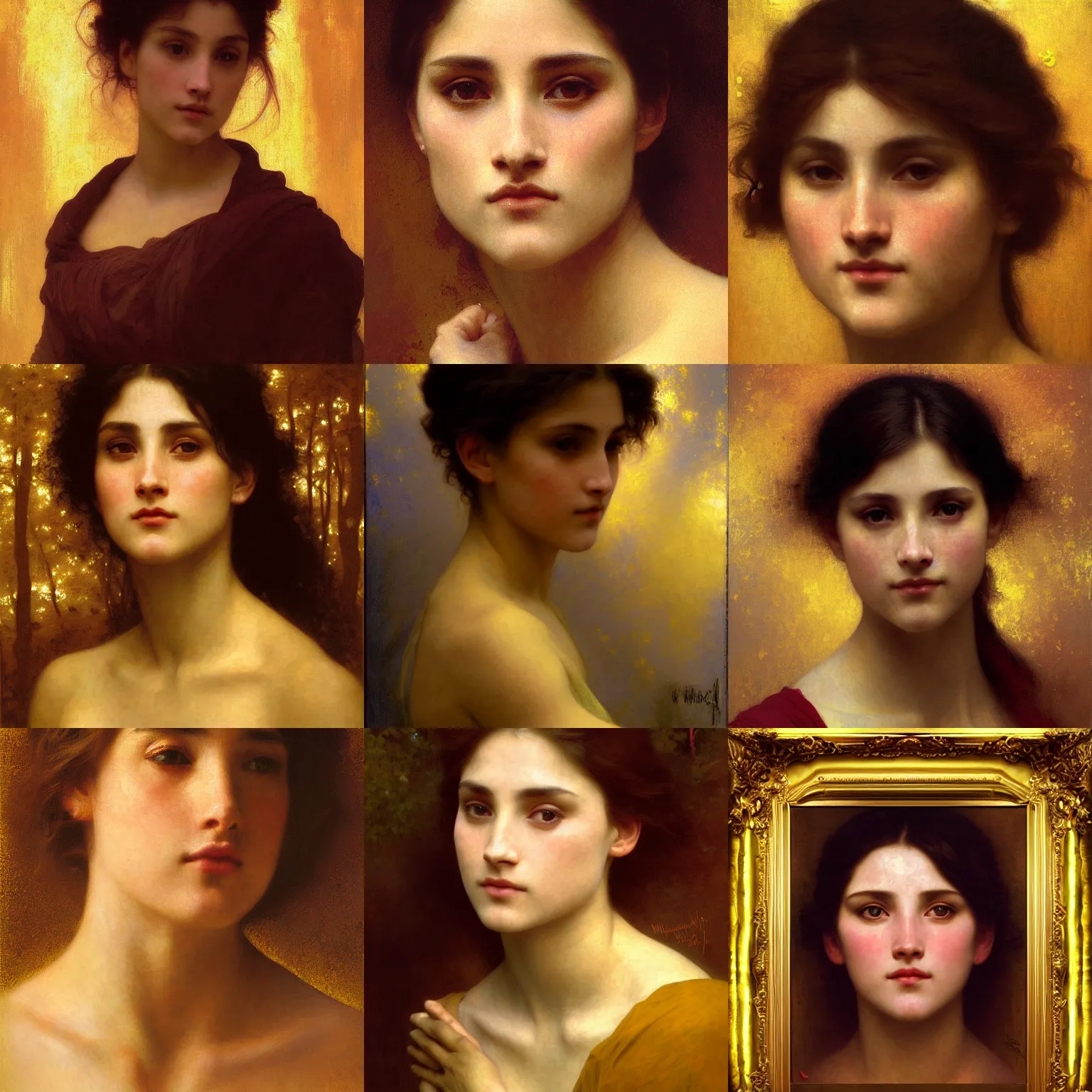 Prompt: finished portrait of a beautiful womans face, by william adolphe bouguereau, waterhouse, craig mullins, ruan jia, gustave klimt, masterpiece, golden hour, rim light, forest background, bold color, yellow, purple, gold leaf, shining