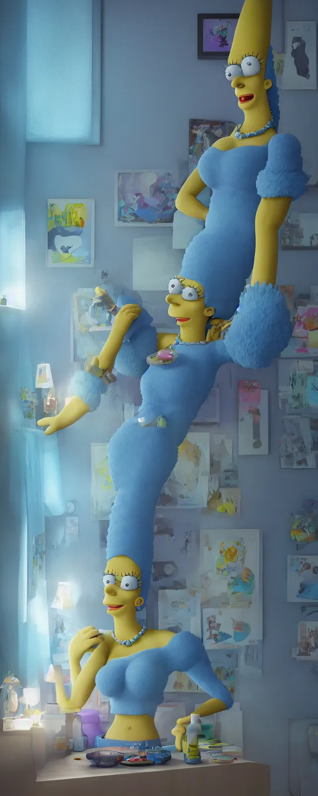 Prompt: Marge Simpson in her bedroom stoned, smoking weed, marijuana, spiritual lsd trip, trending on cgsociety and unreal engine, light effect, highly detailed, super wide angle, full f/22, award winning photo, hyperrealistic, smooth textures, trending on artstationhq, headshot
