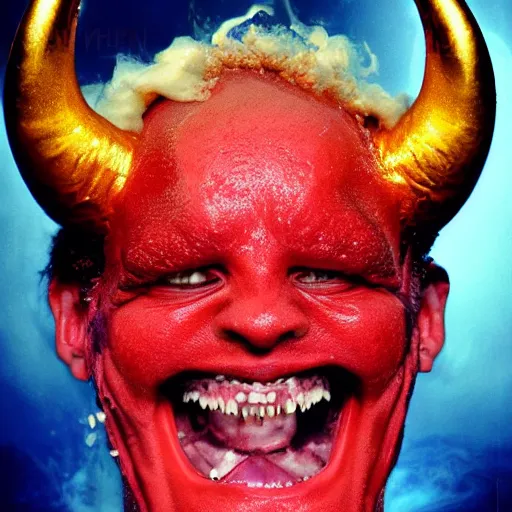 Prompt: a devilish red monster with horns emerging from boiling rough seas, close - up portrait photo by david lachapelle, masterpiece, trending on flickr s - 3 0