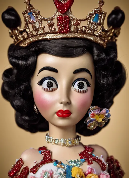 Image similar to closeup face profile portrait of tin toy elizabeth taylor as a fairytale princess wearing a crown eating cakes, bikini, depth of field, zeiss lens, detailed, symmetrical, centered, fashion photoshoot, by nicoletta ceccoli, mark ryden, lostfish, breathtaking, 8 k resolution, extremely detailed, beautiful, establishing shot, artistic, hyperrealistic, octane render