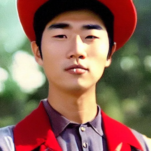 Image similar to a film still of a asian young man wearing a red blouse with a black oval hat in Twin Peaks(1990)
