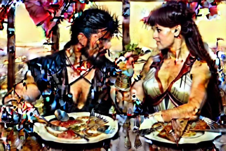 Image similar to xena warrior princess eating at a restaurant, with a hispanic man in a suit as her companion, art by artgerm and greg rutkowski and alphonse mucha