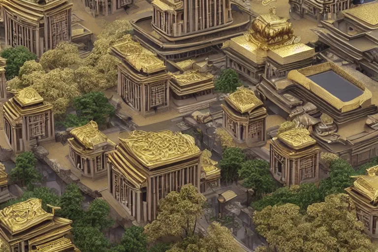 Prompt: Neoclassical architecture Ancient Chinese fusion buildings, material brass & copper gold. On top of the great Tianzi Mountains. Realistic Fantasy Render.