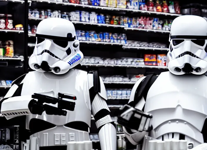 Image similar to film still of a storm trooper holding a cup of coffee in a convenience store working as a clerk in a convenience store checking out a storm trooper in the new Star Wars movie, 4k, black and white