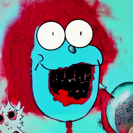 Image similar to grunge painting of elmo with a wide smile and a red balloon screenshot from rick and morty, creepy lighting, horror theme, detailed, elegant, intricate, conceptual