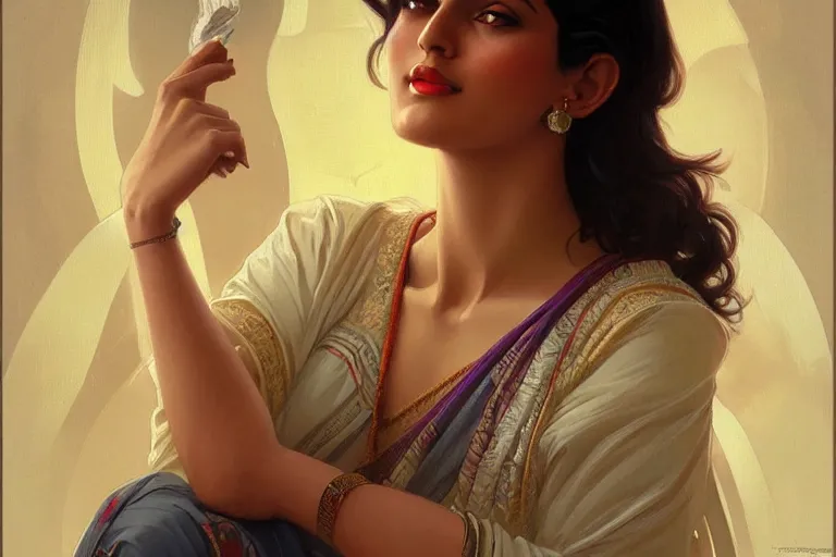 Image similar to sensual pale beautiful indian doctor in jeans, art deco portrait, elegant, intricate, digital painting, artstation, concept art, smooth, sharp focus, illustration, art by artgerm and greg rutkowski and alphonse mucha