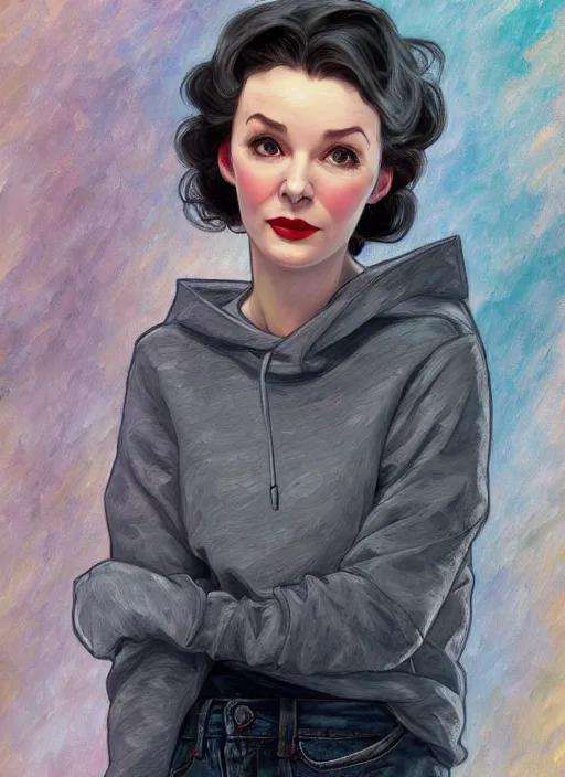 Image similar to vivien leigh, gray hoodie, jeans, half body shot, path traced, highly detailed, high quality, digital painting, alena aenami, leonid afremov, lilia alvarado, shinji aramaki, karol bak, alphonse mucha, tom bagshaw