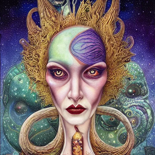 Image similar to surreal portrait of alien wizardess, artwork by Daniel Merriam,