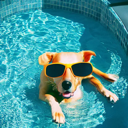 Prompt: dog wearing sunglasses relaxing in a pool floater, cinestill, 8 0 0 t, 3 5 mm, full - hd