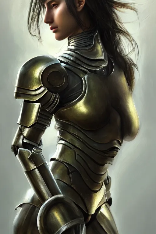 Image similar to a photorealistic painting of an attractive young girl, partially clothed in metal-plated battle armor, olive skin, long dark hair, beautiful bone structure, symmetrical face, perfect eyes, intricate, elegant, digital painting, concept art, illustration, sharp focus, minimal artifacts, from Metal Gear, in the style of Ruan Jia and Mandy Jurgens, by Greg Rutkowski, trending on Artstation, award winning