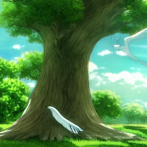 Prompt: white whale flying near giant tree in the green field, anime, HD,