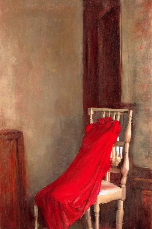 Prompt: an empty red dress laid across a chair in a dark victorian era room. in the style of american impressionism painting.