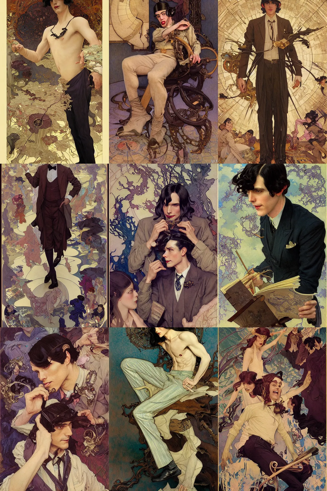 Prompt: thin male teacher, long dark hair, 1 9 2 0 s fashion, fantasy, art by joseph leyendecker, donato giancola, dean cornwell, peter mohrbacher, ruan jia, marc simonetti, ayami kojima, cedric peyravernay, alphonse mucha, thomas kinkade, victo ngai