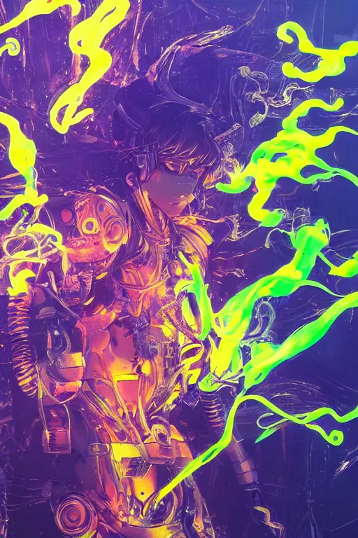 Prompt: a intricate scene with a intricate anime character that looks like a milky transparent plastic robot filled with liquid and with a lot of fluo colored details with yellow smoke, harsh sun light, hyper real painting