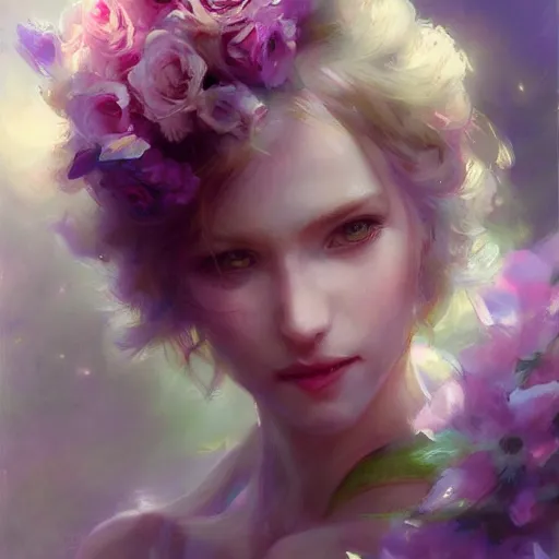 Image similar to beautiful woman, flowers, pastel colors, pearlescent, fantasy, featured on artstation, in the style of daniel gerhartz and krenz cushart, Alexis Franklin, Thomas River, WLOP, Artgerm