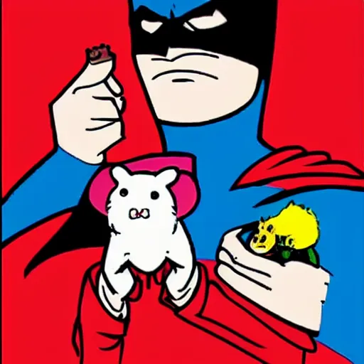 Image similar to Batman holding a hamster in his hand, looking at it curiously. In the style of 80s comic book. Red background