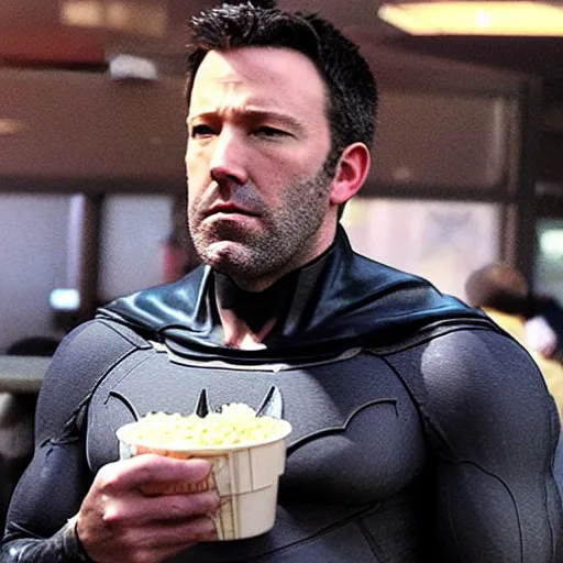 Image similar to A photo of Ben Affleck's Batman eating at KFC. Extremely detailed. 4K