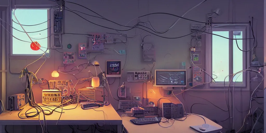 Prompt: cozy 9 0 s bedroom retrofuturism, cluttered, wires everywhere, computer, window, night - time, lit only by the luminescent computer screen, detailed by simon stalenhag