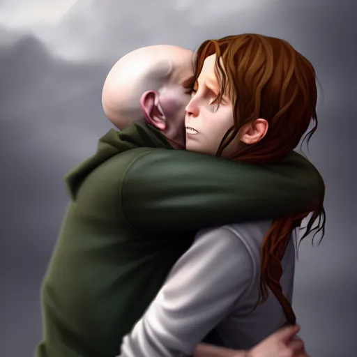 Image similar to voldemort hugging hermione, stylized, artstation, hd, cgsociety, cgi, realistic, dramatic, cinematic, artistic, trending, detailed