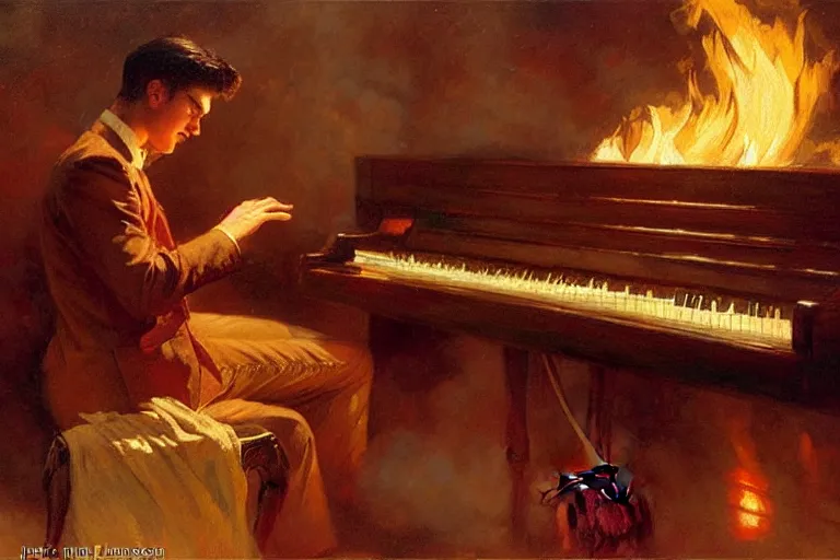 Image similar to attractive male playing piano in fire, painting by gaston bussiere, craig mullins, j. c. leyendecker