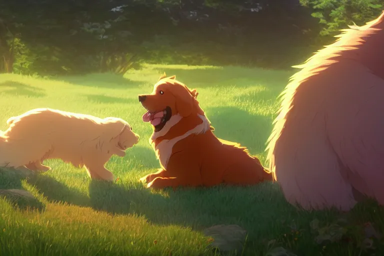 Image similar to a wholesome animation key shot of a golden retriever and a cat playing on a hill, medium shot, studio ghibli, pixar and disney animation, sharp, rendered in unreal engine 5, anime key art by greg rutkowski, bloom, dramatic lighting