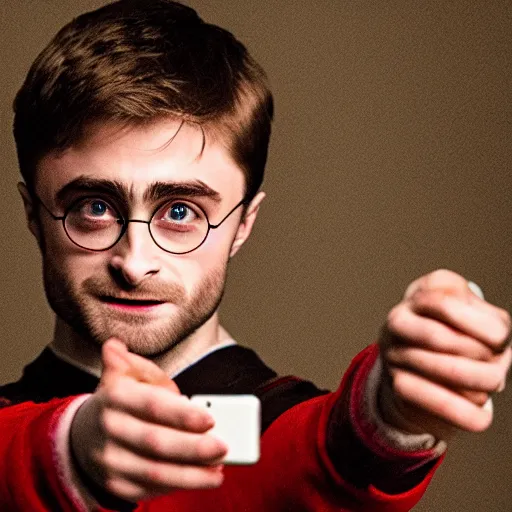 Prompt: photograph of daniel radcliffe as harry potter holding an iphone, canon mark ii, f / 1. 2, 8 k