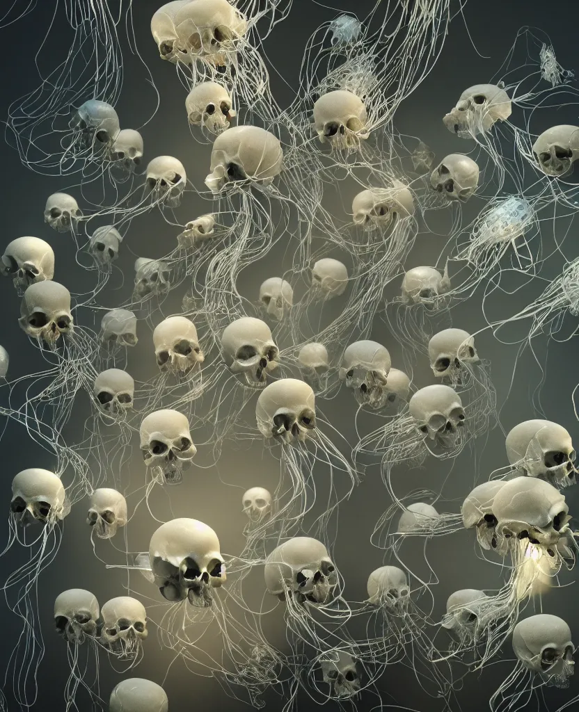 Image similar to composition of human skulls, animals skulls, bones, rib-cage. jellyfish orchids and betta fish, bioluminiscent, intricate artwork by Tooth Wu and wlop and beeple. octane render, trending on artstation, greg rutkowski very coherent symmetrical artwork. cinematic, hyper realism, high detail, octane render, 8k