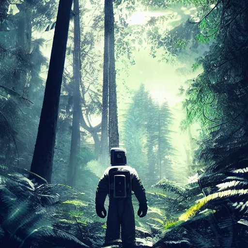 Image similar to american astronaut in the forest, plants environment, wide angle, cinematic lighting, atmospheric, realistic, octane render, highly detailed, in the style of craig mullins