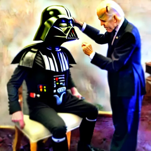 Prompt: “ joe biden getting earth vader helmet put on by machine in pod ”