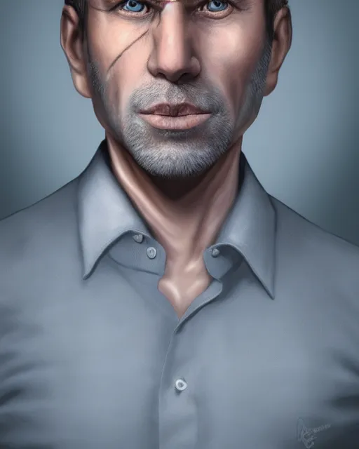 Image similar to portrait of 4 0 - year - old man, with a pale face with premature lines, and light brown hair going grey, wearing in shirt, hyper realistic face, beautiful eyes, character art, art by mark brooks, hyperdetailed, cryengine, trending on artstation, digital art
