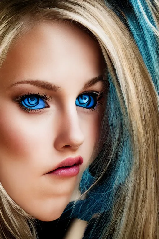 Image similar to young pretty woman portrait, blonde, blue eyes, hyper realistic, sharp focus