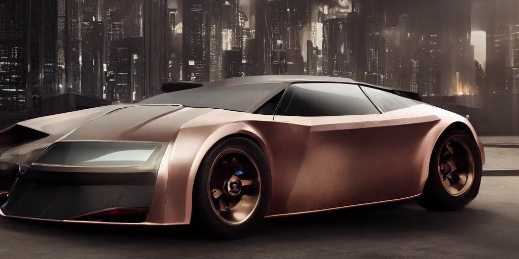Prompt: a design of a futuristic DMC Delorian, designed by Polestar, blade runner background, stained antique copper car paint, white wheel rims, black windows, sportscar, dark show room, dramatic lighting, hyper realistic render, depth of field