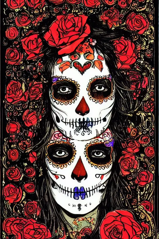 Image similar to Illustration of a sugar skull day of the dead girl, art by harry clarke