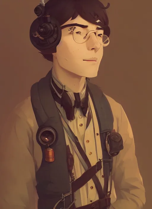 Prompt: detailed portrait of beautiful male steampunk traveller, by cory loftis, atey ghailan, makoto shinkai, hasui kawase, james gilleard, beautiful, peaceful, calm