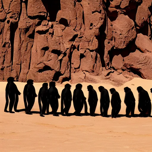 Prompt: Contamporary art photography of group of monkey's that wears suits standing around Obsidian monolith in the desert