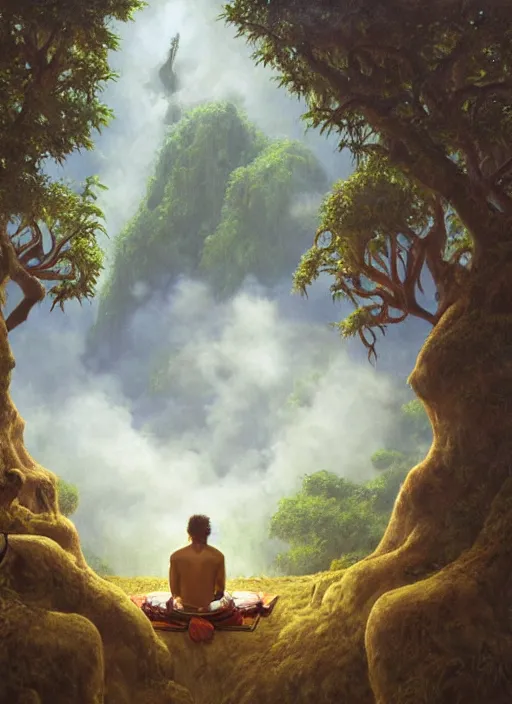 Prompt: an indigenous man sitting and praying in the jungle, while old faces of his ancestors watch over him in the clouds, art by christophe vacher