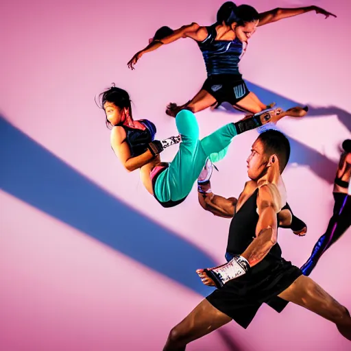 Image similar to muay thai athletes doing an extreme contortion choreography, dance photography, pastel colors palette, sport photography, high detail, zoom in, foreshortening, natural light