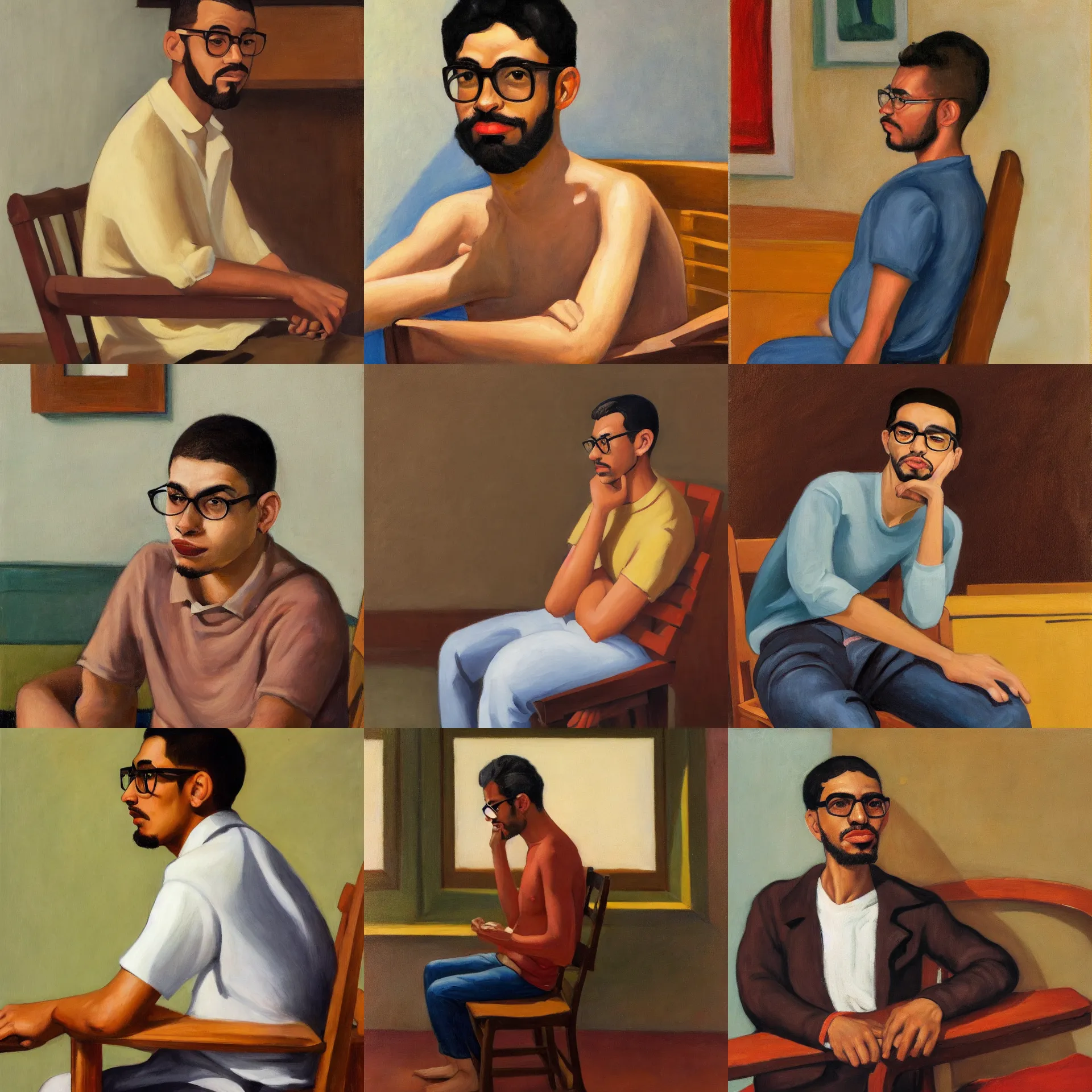 Prompt: 3 / 4 view portrait of a latino skinny young man, brown skin, wavy short hair, goatee, wearing glasses, straight nose, seated on wooden chair, close up, light brown background, painted by edward hopper