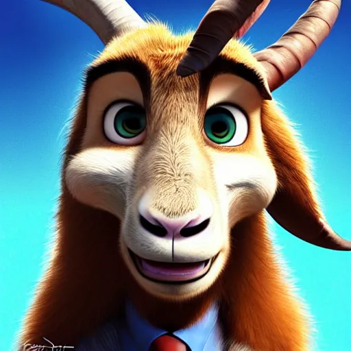 Image similar to “portrait of a smiling goat, zootopia movie style, pointing a laser gun at the camera, digital art, 4k, award winning”