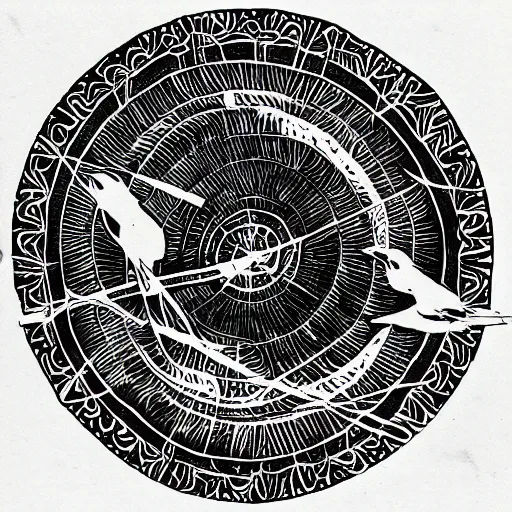 Prompt: a spiral with three sparrows, representing liberty, ink, black watercolor