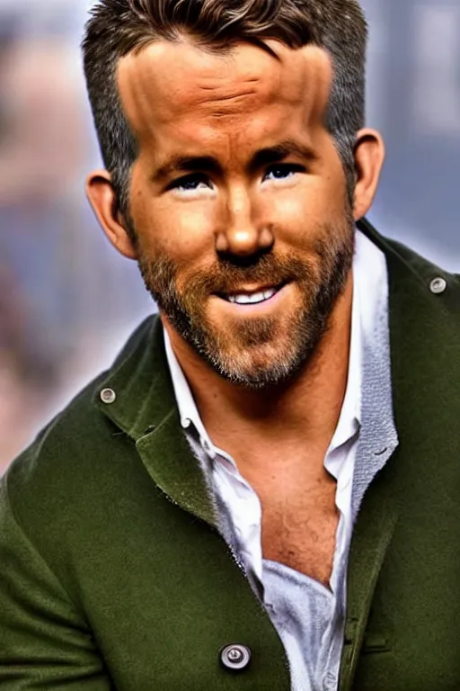 Image similar to ryan reynolds with hair of wheat field, photorealistic