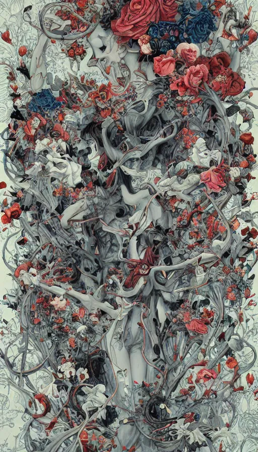 Image similar to life and death mixing together, by james jean