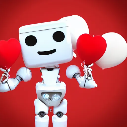 Prompt: a cute robot holding heart balloons photorealistic