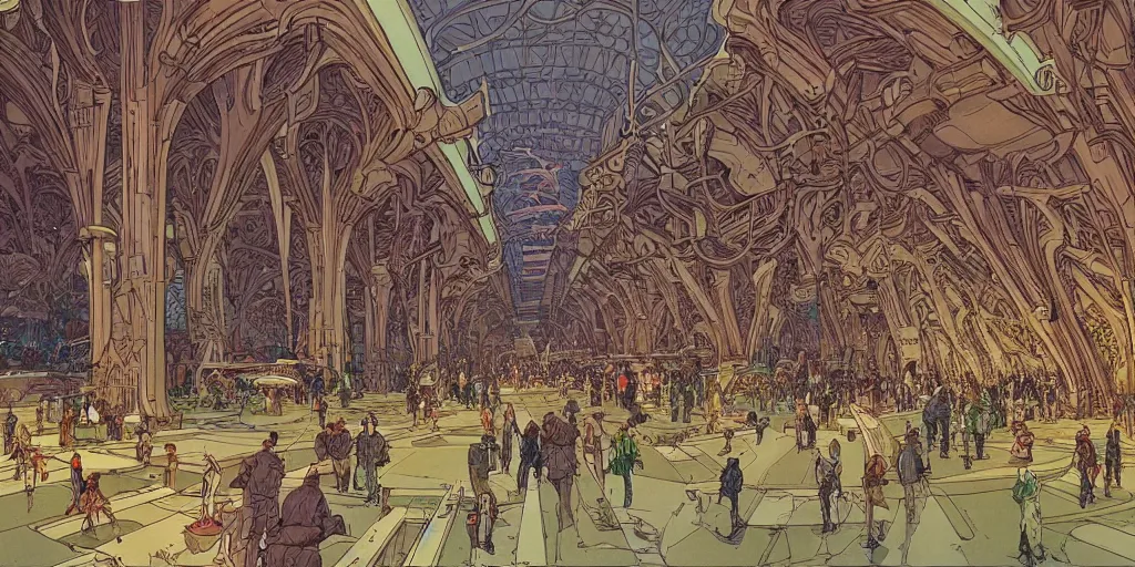 Prompt: cel shaded cinematic shot of the interior of a sci-fi space station with ornate Elven architecture bustling with people, epic castle, emerald, crystalline, detailed illustration, sharp focus, concept art by Moebius, Jean Giraud Moebius