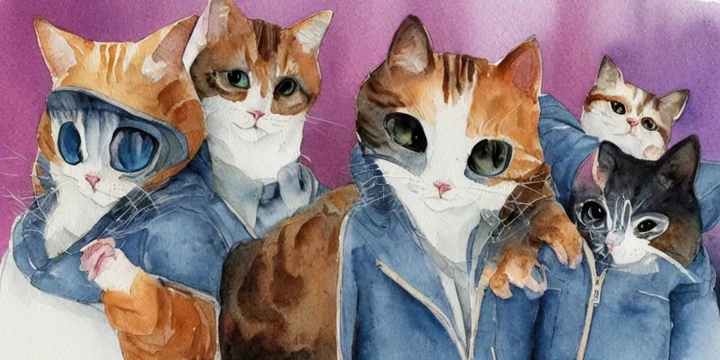 Image similar to watercolor illustration style, cute! cats!!! in jackets grow up like specialist and became professionals, business, inspiring art