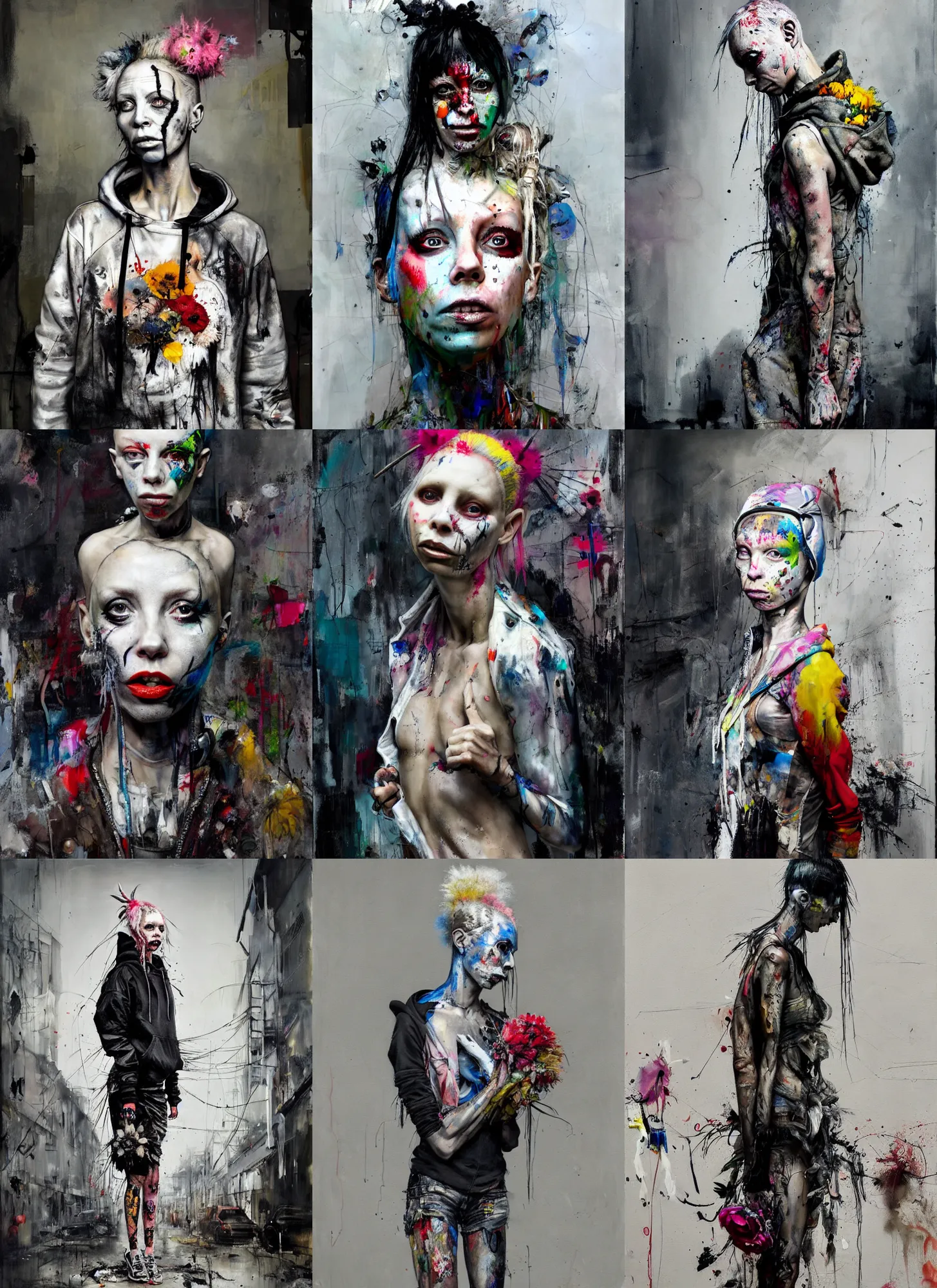 Prompt: painting by david choe of yolandi visser wearing a hoodie standing in a township street in the style of jeremy mann, street clothing, haute couture fashion, full figure painting by ashley wood, roger ballen, decorative flowers, 2 4 mm, die antwoord