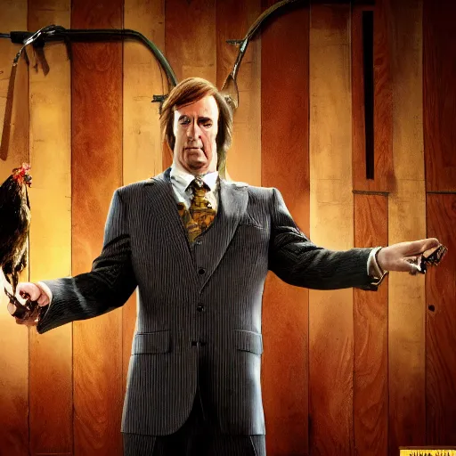 Image similar to saul goodman and a rooster in a saw movie torture chamber, saw movie jigsaw background, saul goodman, rooster, photo